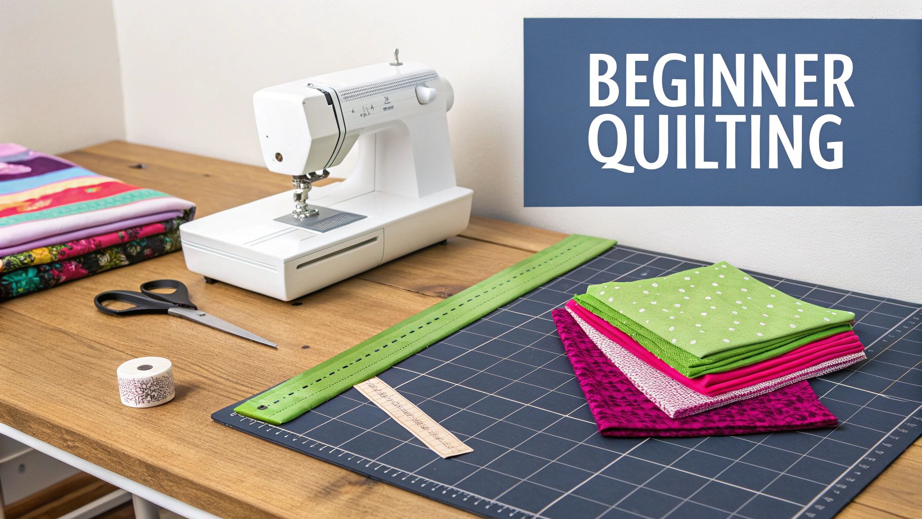 Quilting workspace with sewing machine, colorful fabrics, scissors, ruler, and cutting mat for beginners.