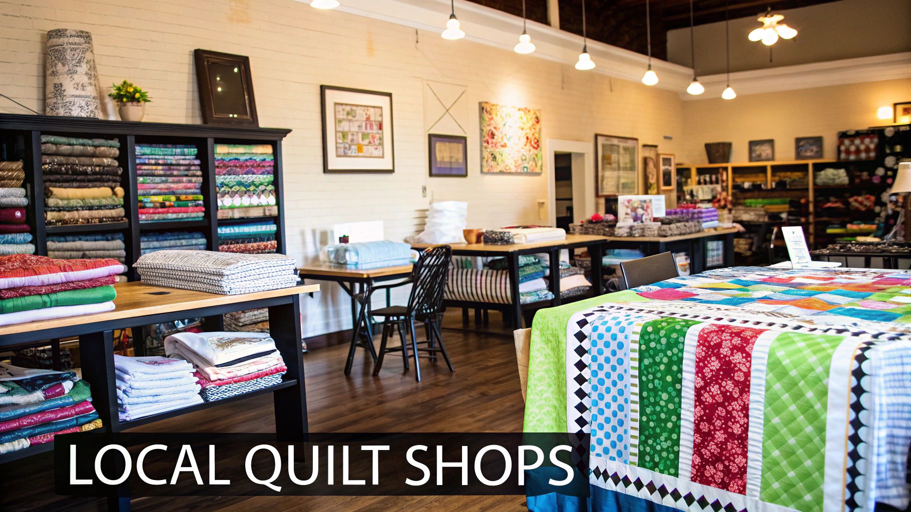 Rows of colorful quilting fabrics neatly organized on shelves.