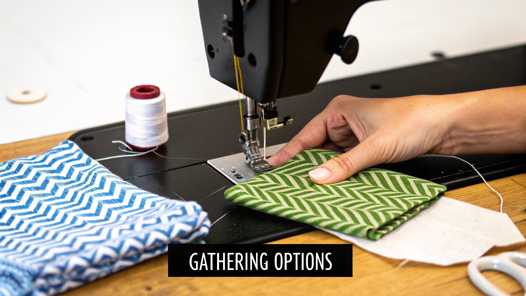 A close-up shows hands guiding green chevron fabric under a sewing machine needle, with thread and other fabric.