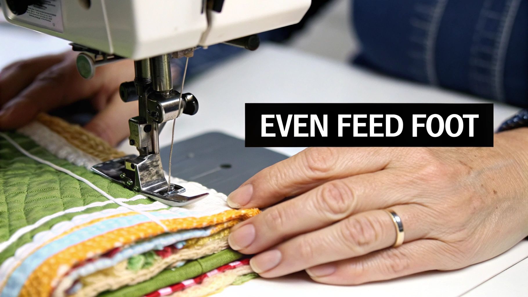 A close-up view of a walking foot attached to a sewing machine, ready to sew through multiple layers of fabric.