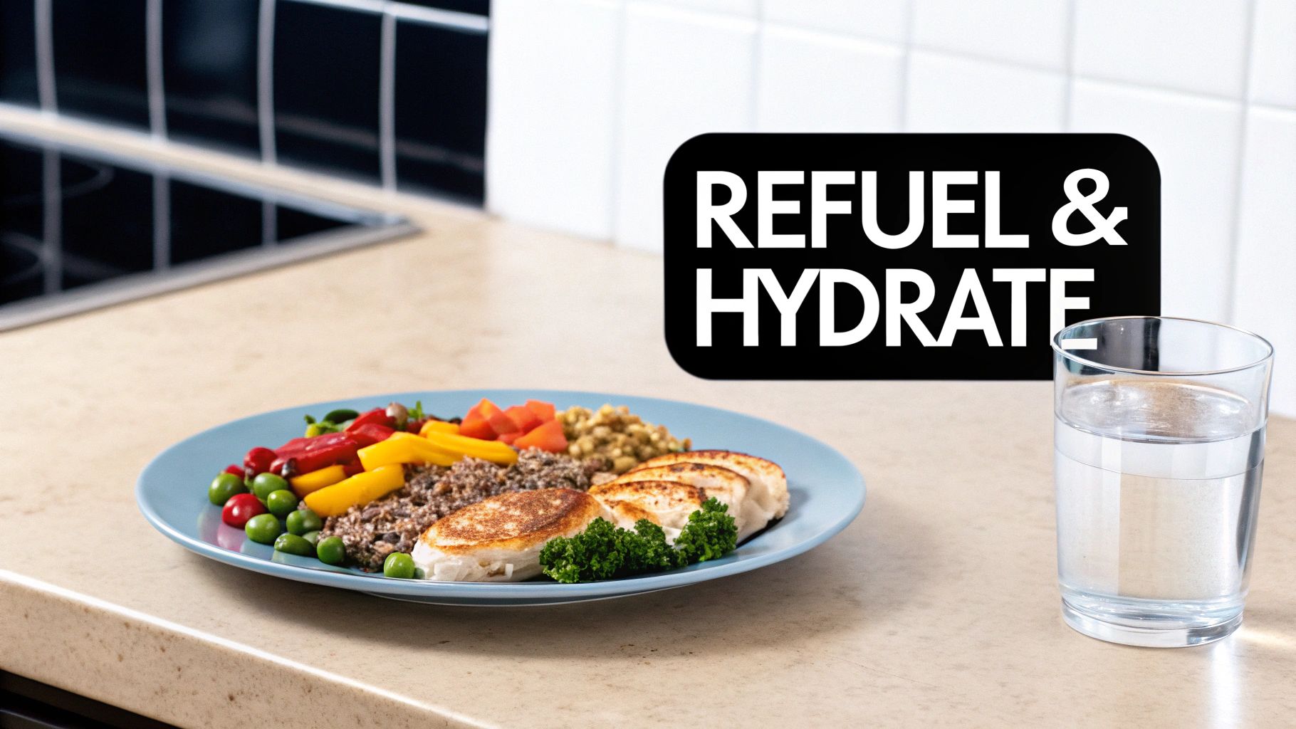 A balanced meal with grilled chicken, quinoa, colorful vegetables, and a glass of water for recovery.