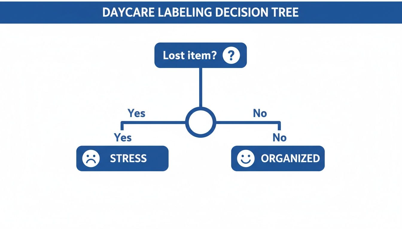 Decision tree illustrating how daycare labeling helps prevent lost items and stress.