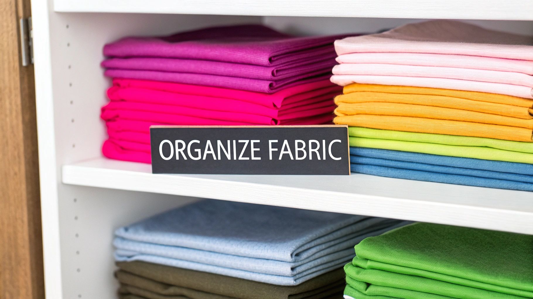 Neatly folded colorful fabrics in various stacks on white shelves, with an 'ORGANIZE FABRIC' sign.