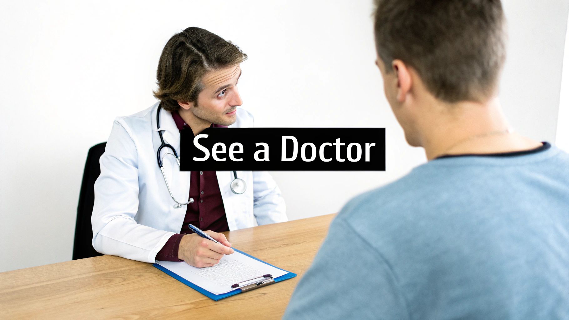 A male doctor in a white coat writes on a clipboard, looking at a patient. Text: 'See a Doctor'.