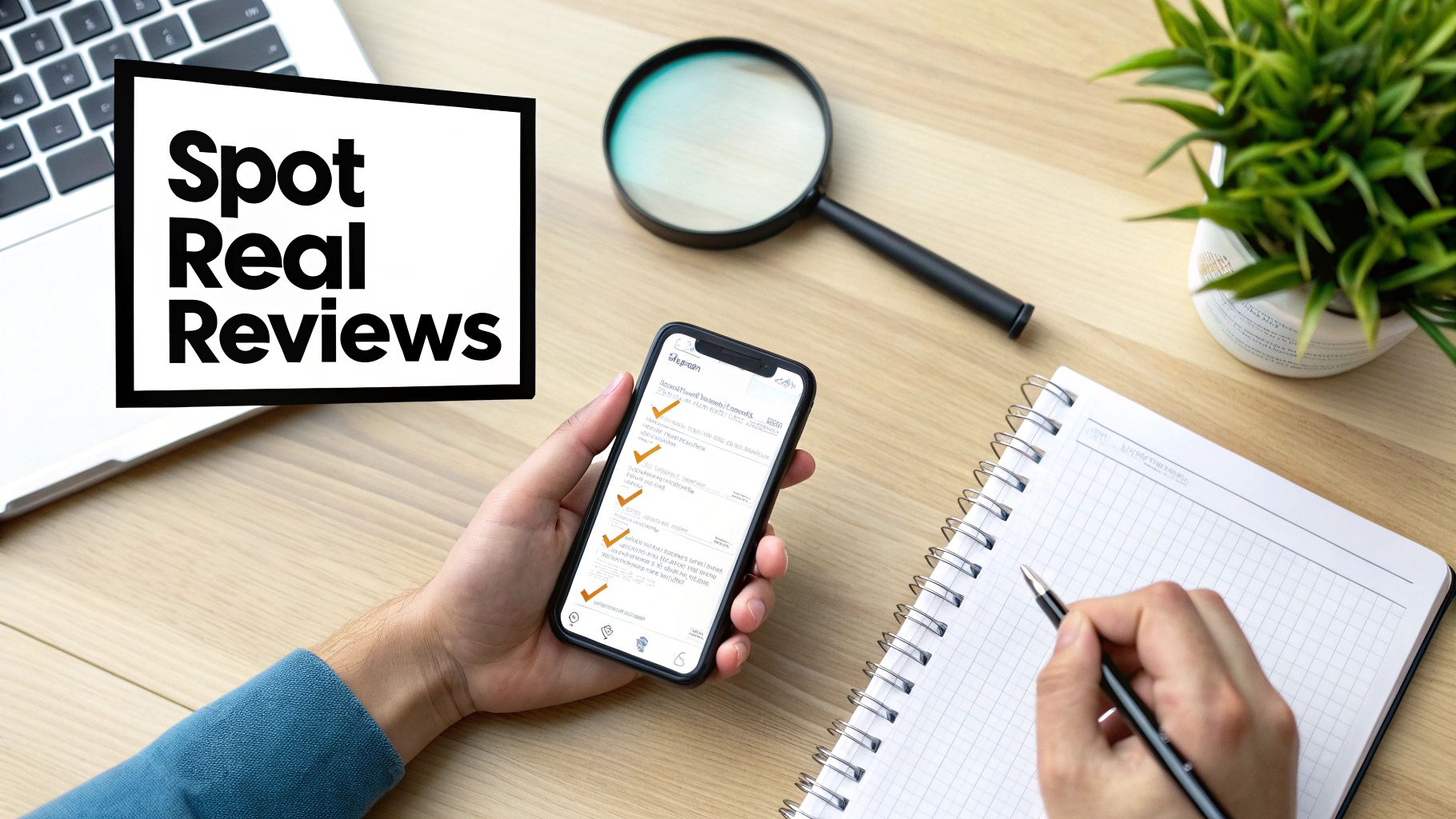 A person checks real reviews on a smartphone, with a magnifying glass, laptop, and notebook on a wooden desk.
