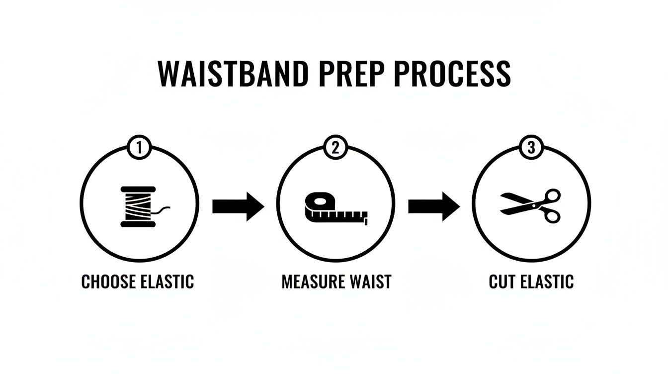 Three-step visual guide for waistband prep: choose, measure, and cut elastic.