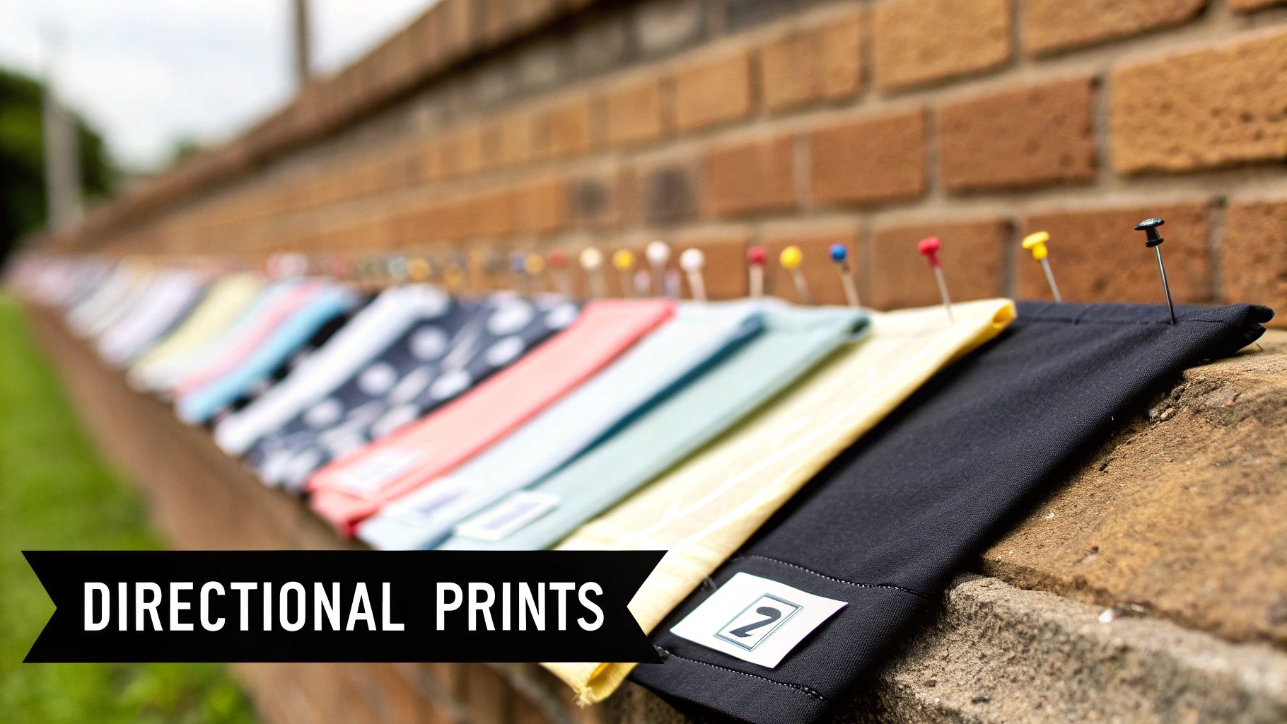 A row of colorful fabric samples with pins and labels on a stone wall, showcasing directional prints.