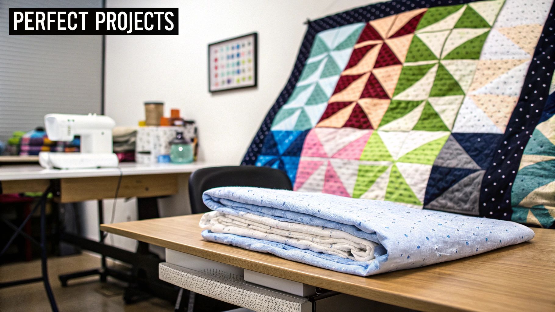 A vibrant quilting studio with a sewing machine, colorful quilt hanging, and folded fabric on a wooden table.
