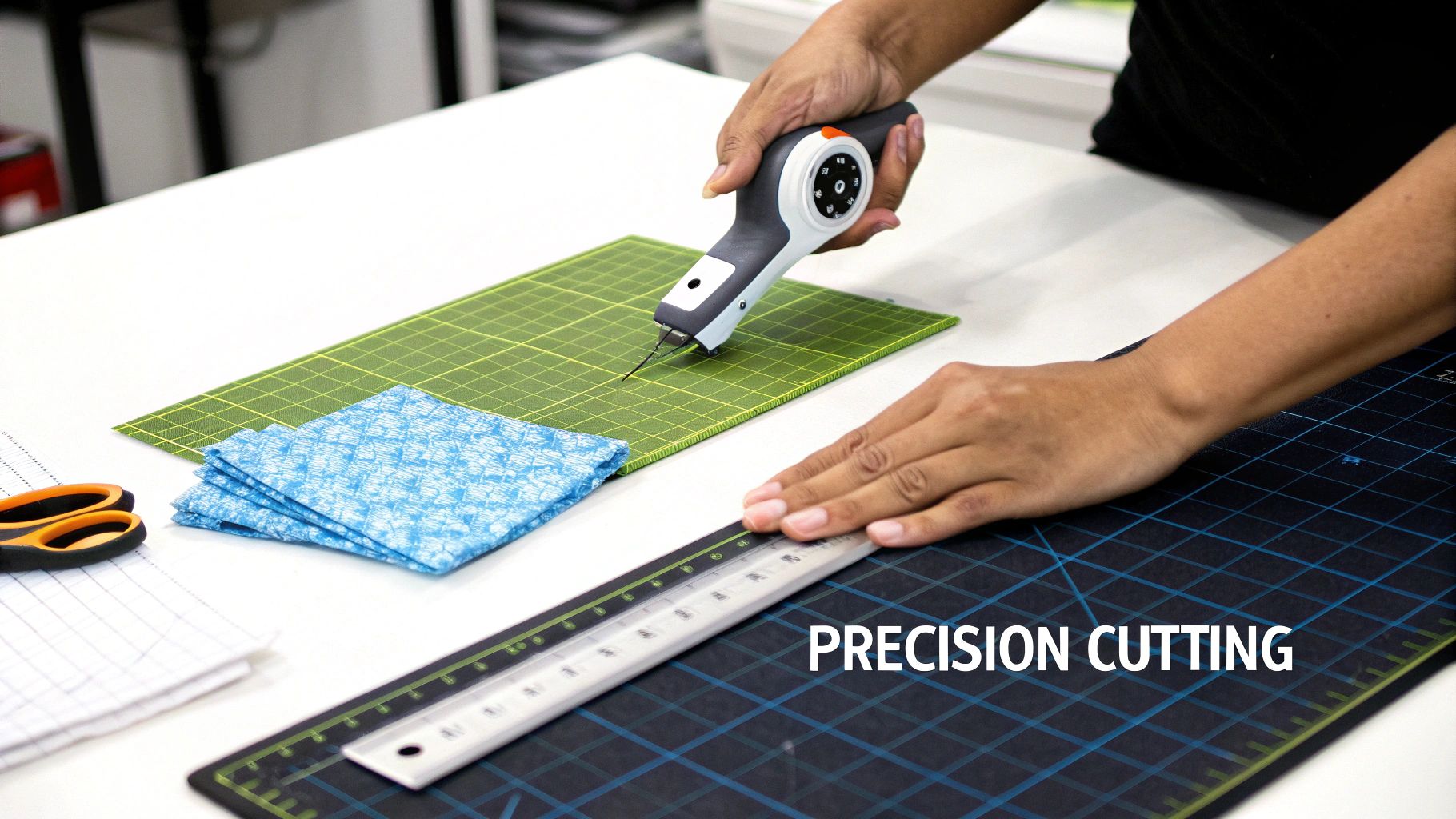 Close-up of hands using a rotary cutter and ruler for precision fabric cutting on a mat.