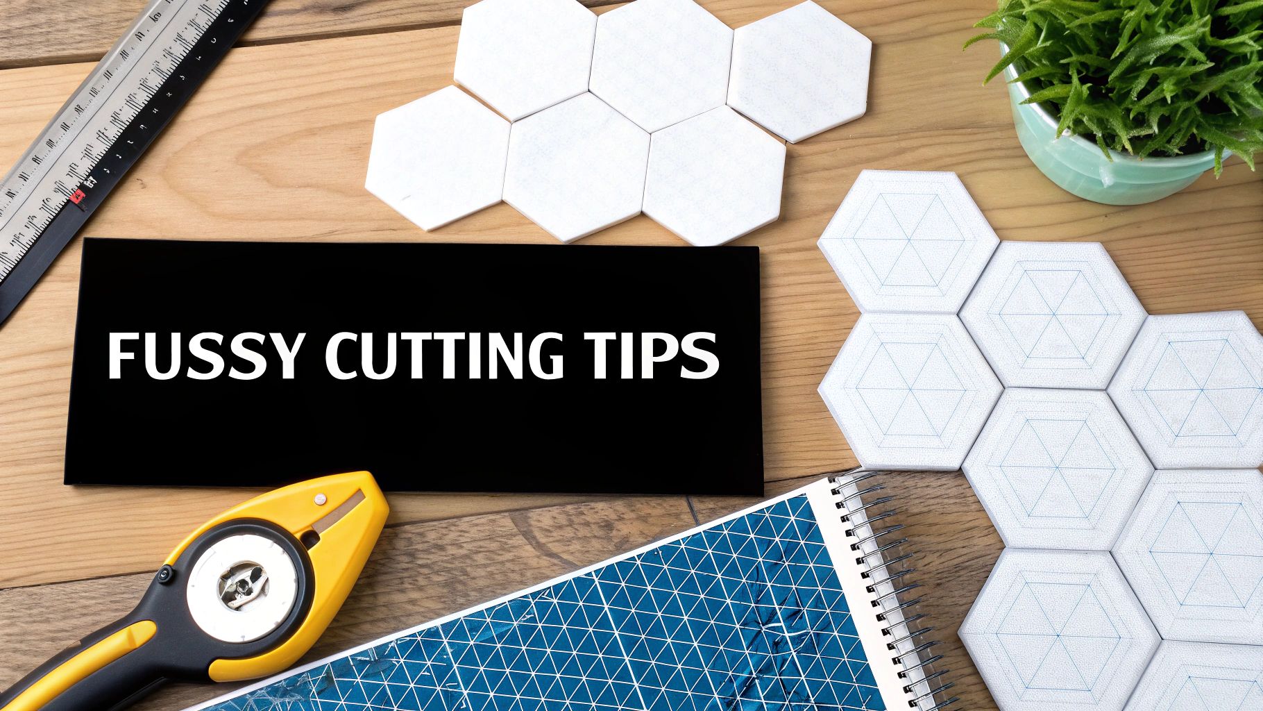 A crafting flat lay featuring a 'FUSSY CUTTING TIPS' sign, hexagonal pieces, rotary cutter, and ruler.