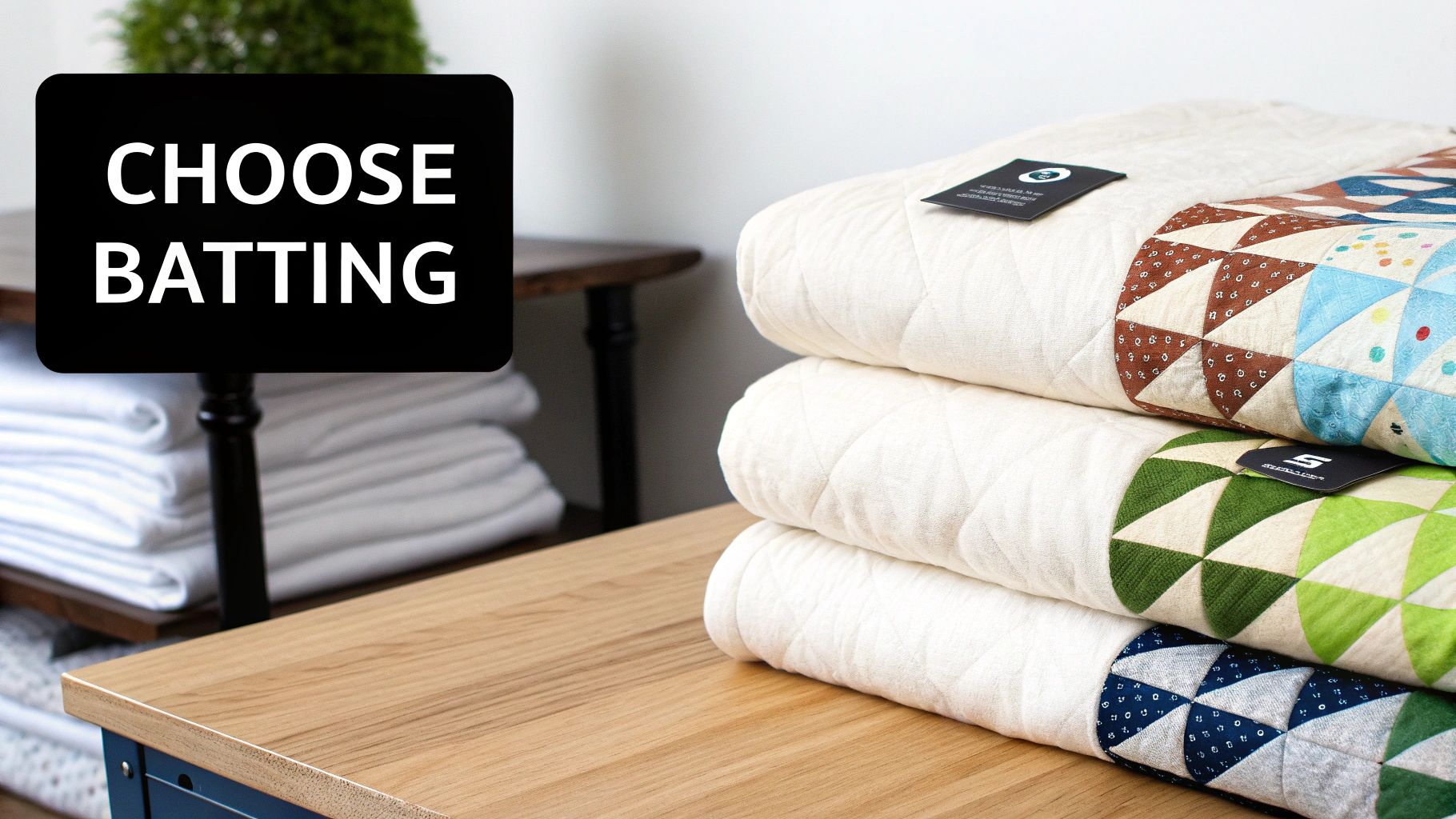 Three quilted blankets stacked on a wooden surface, next to a sign reading 'CHOOSE BATTING'.