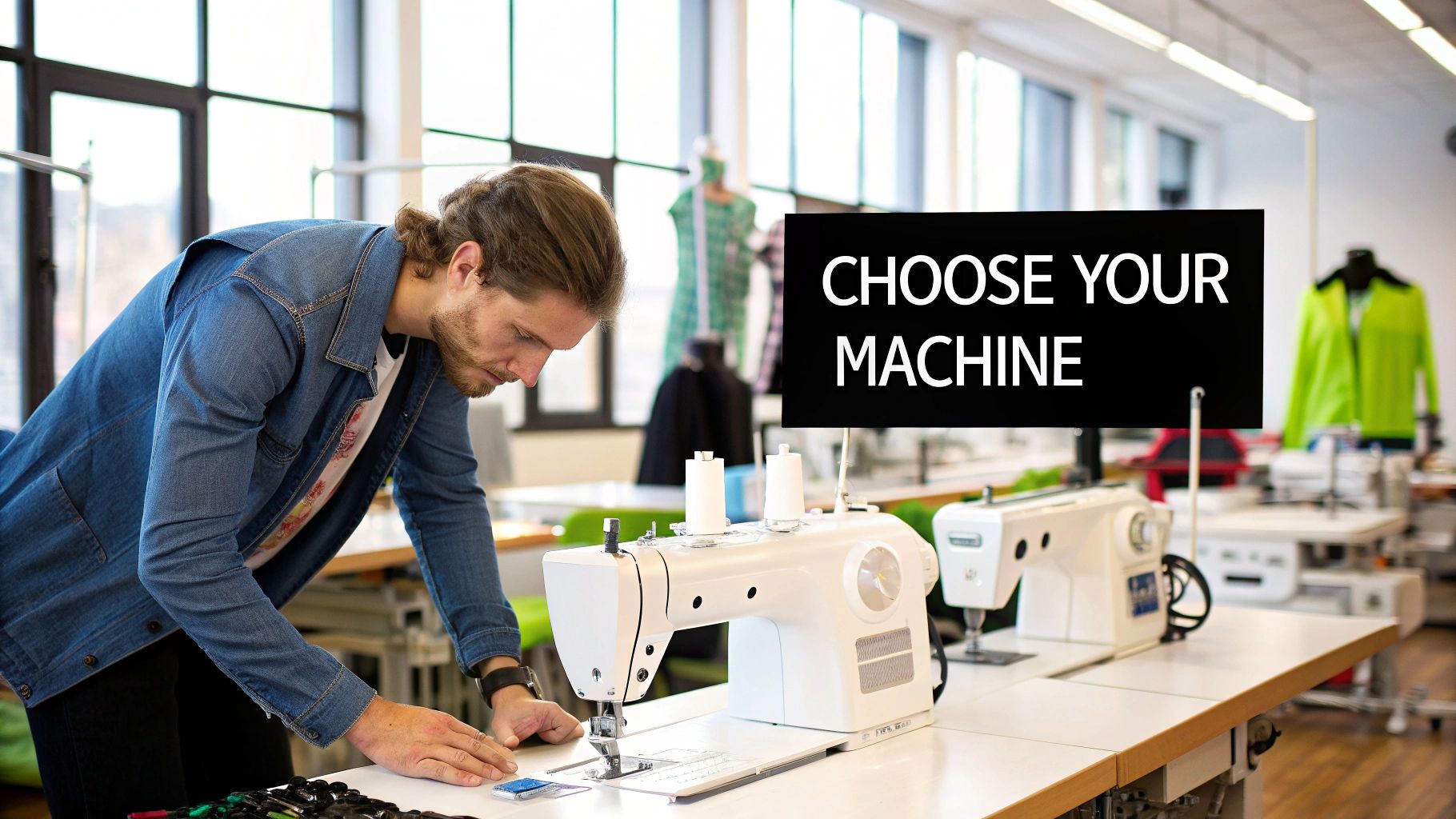 A person using a modern sewing machine to quilt a colorful fabric pattern.