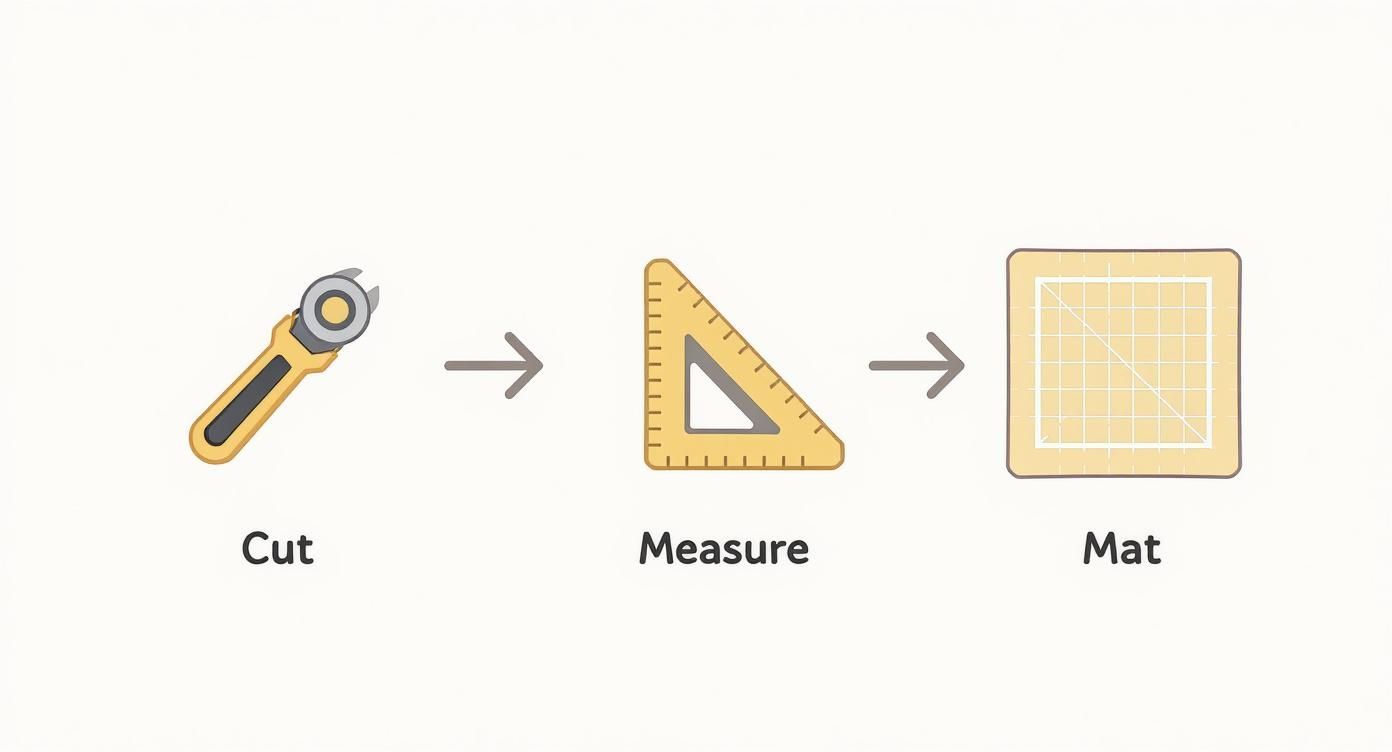 Infographic showing the process flow of quilting tools from cutting with a rotary cutter, to measuring with a ruler, to protecting surfaces with a mat.