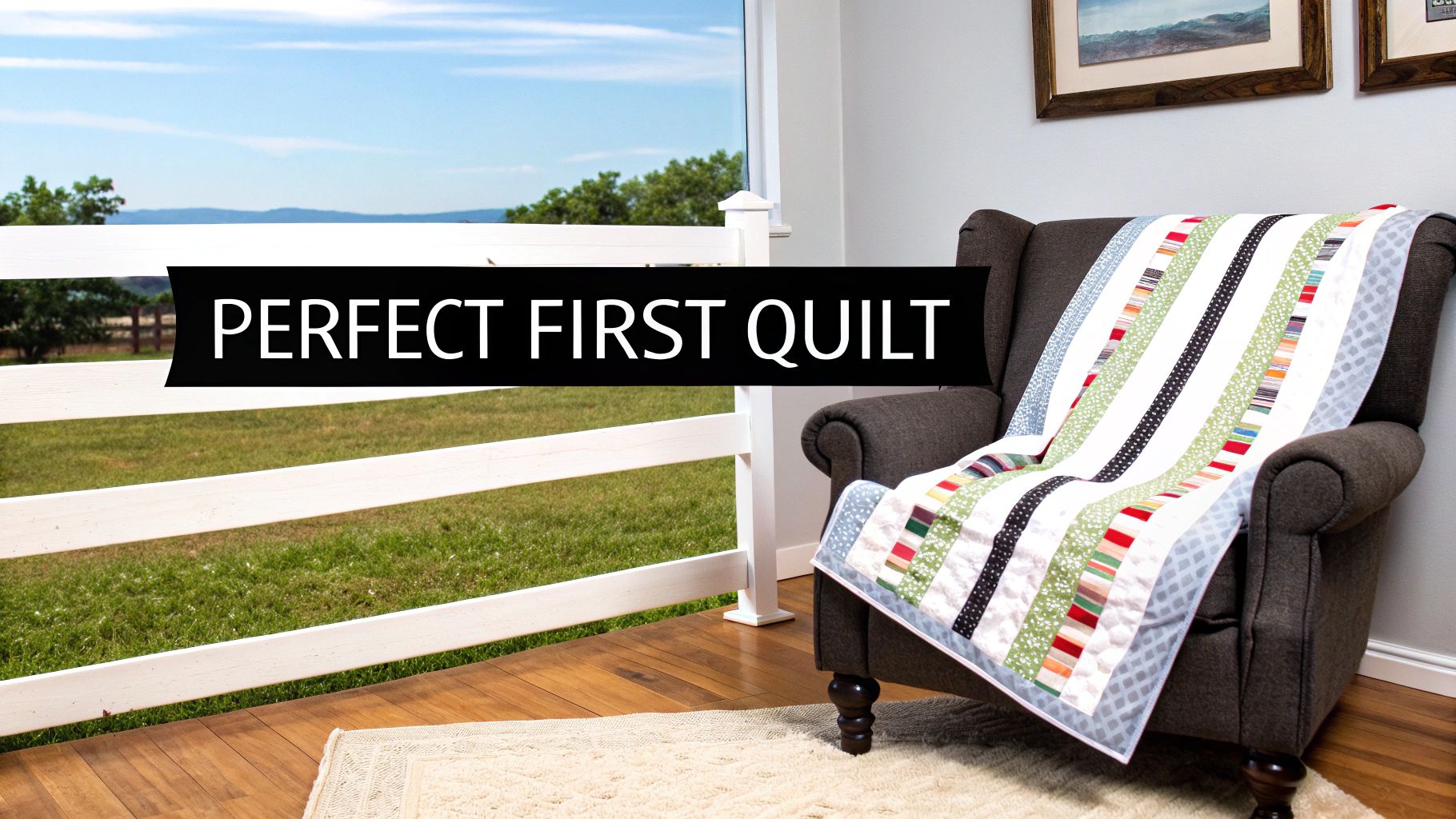 A colorful striped quilt draped over a dark grey armchair next to a white fence, with a banner saying 'Perfect First Quilt'.