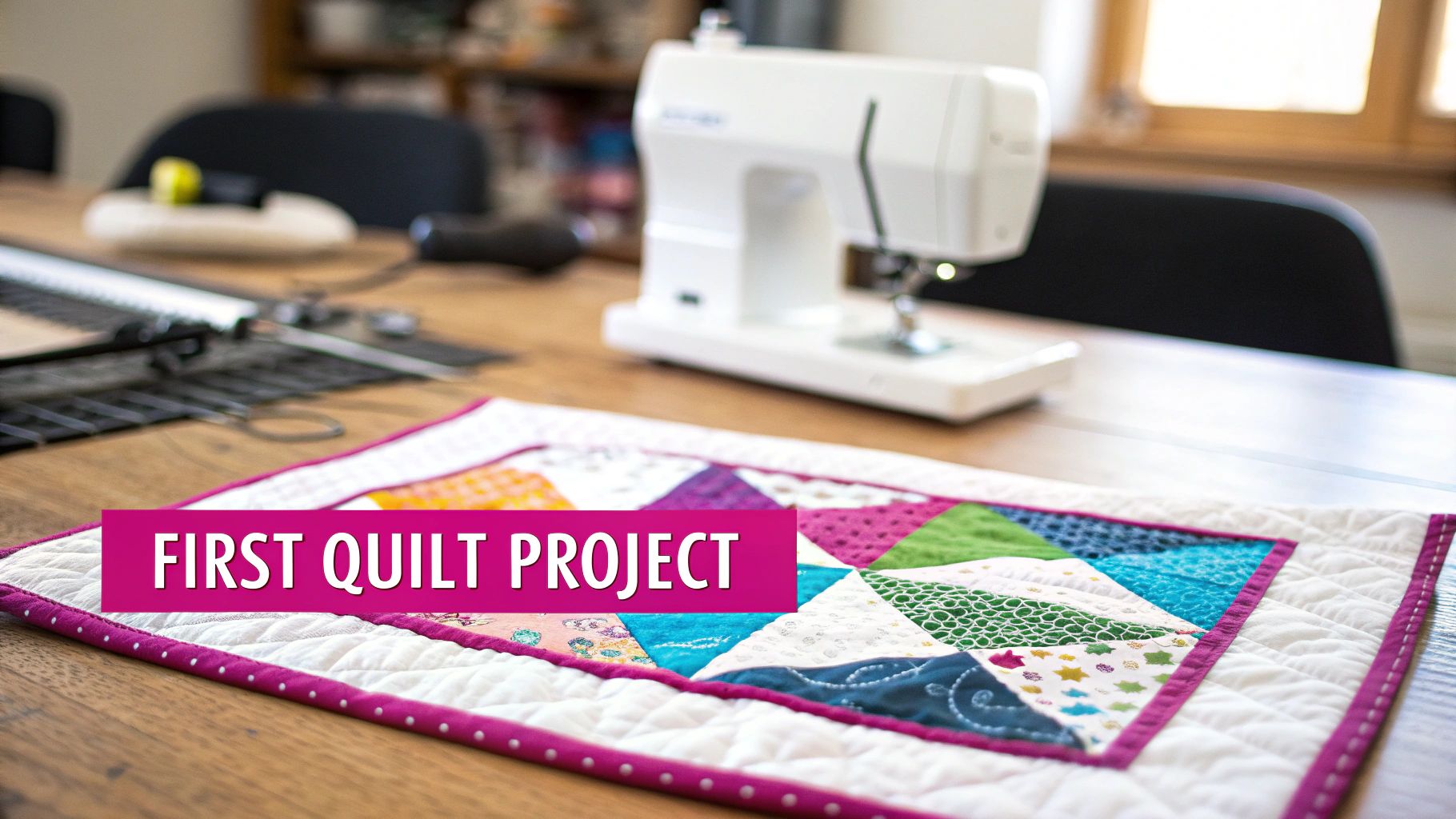 A beginner's quilting project in progress, showing colorful fabric pieces, a cutting mat, and a rotary cutter.