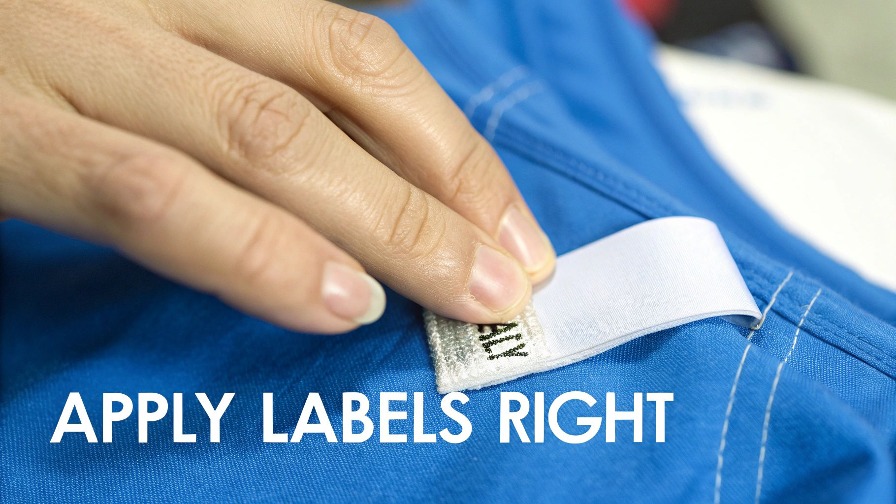 Close-up of a hand carefully pressing a woven white label onto a blue fabric garment.