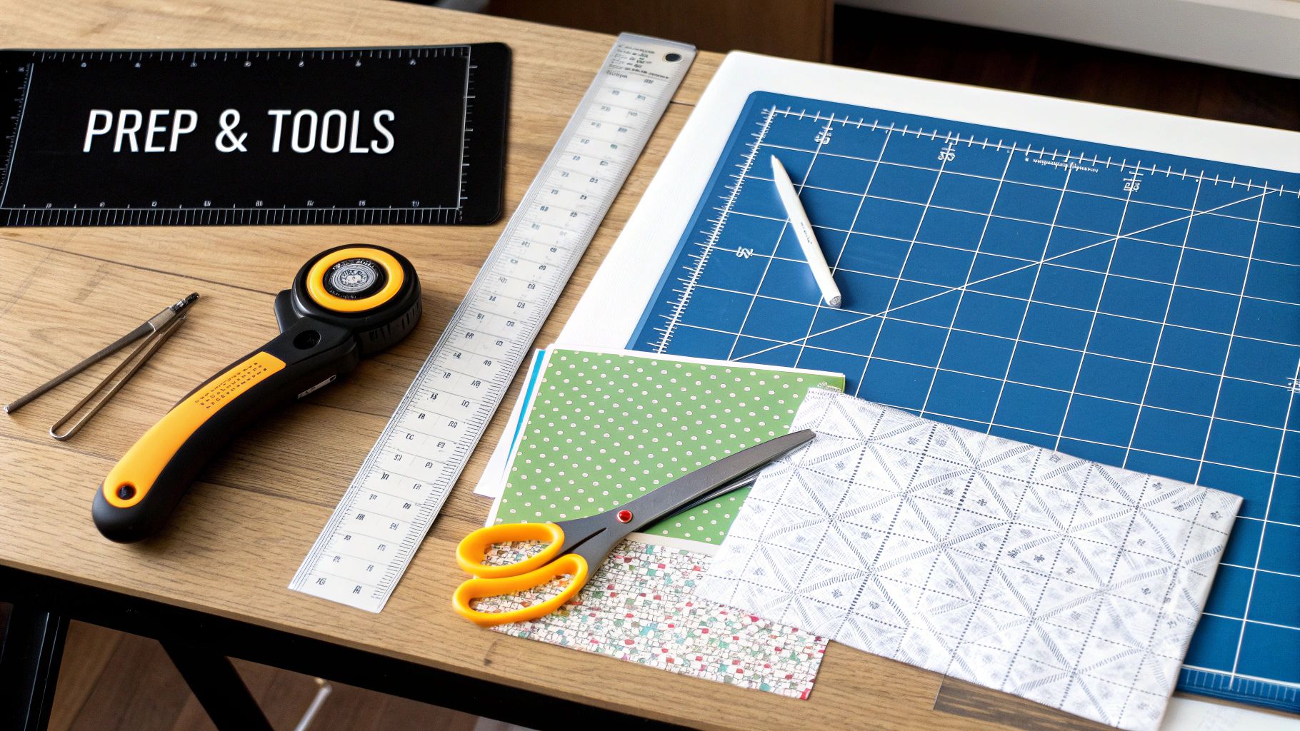 Crafting tools including rotary cutter, ruler, scissors, and patterned fabric on blue cutting mat