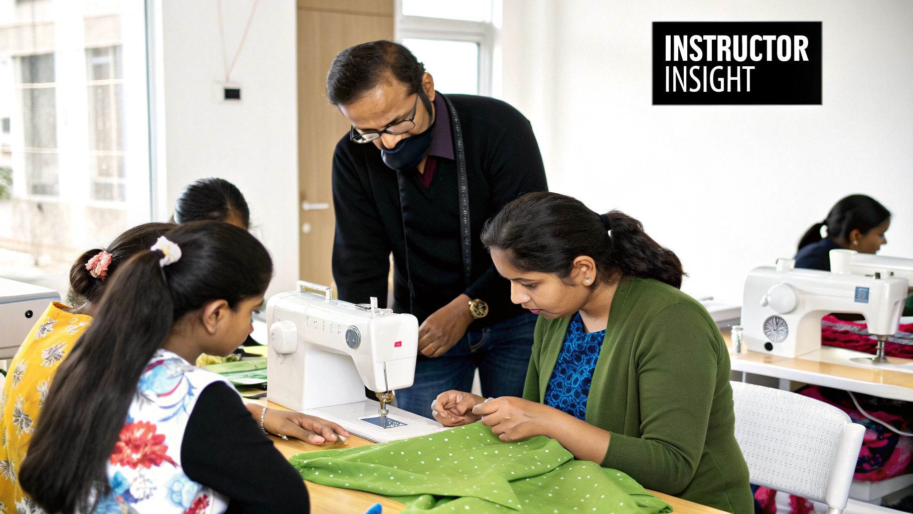 A sewing instructor guiding a student with a piece of fabric in a bright,friendly classroom.