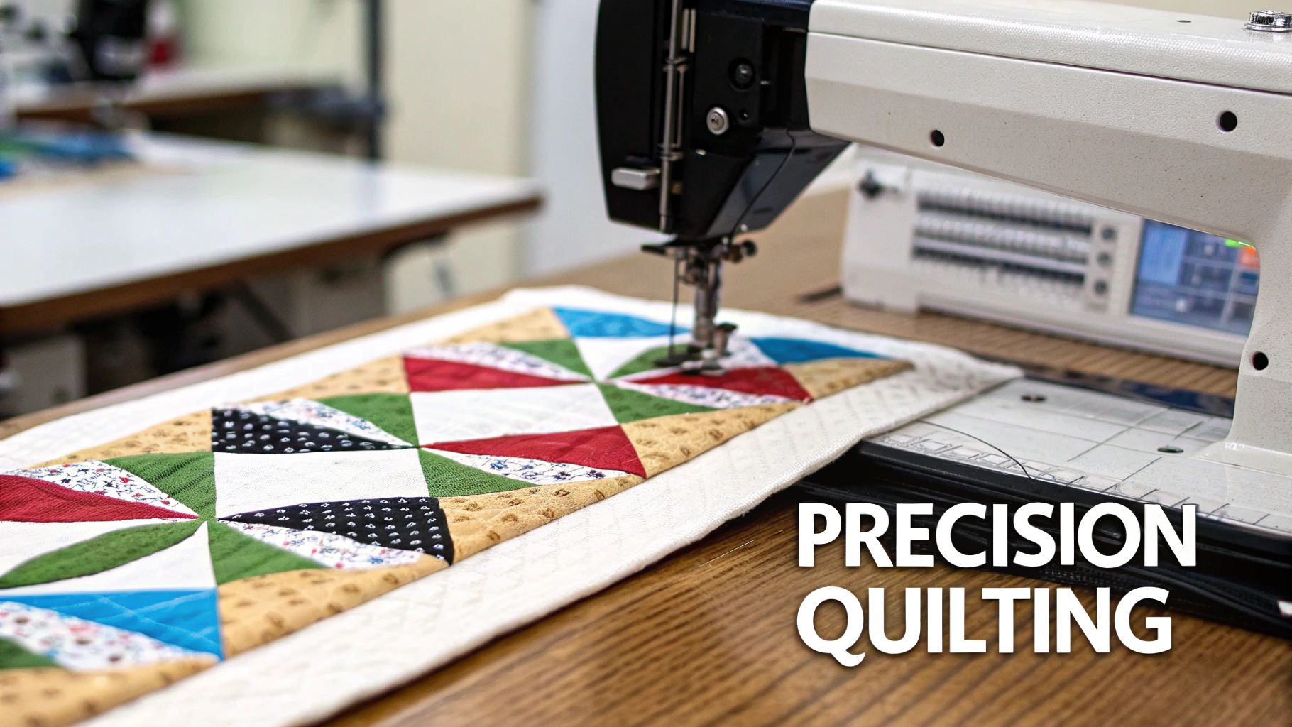 A sewing machine precisely stitches a vibrant, geometric patchwork quilt or table runner on a wooden table.