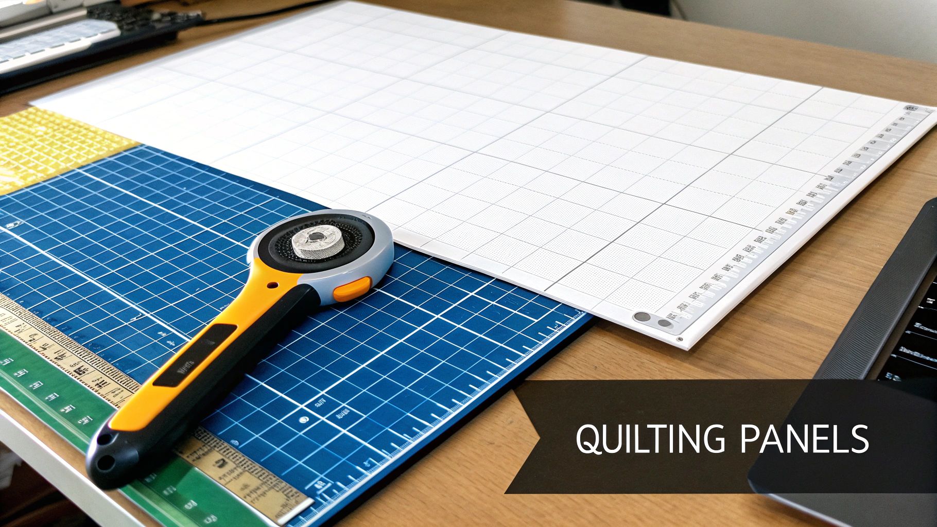 Quilting tools on a wooden desk, featuring a blue cutting mat, a white grid board, and a rotary cutter.