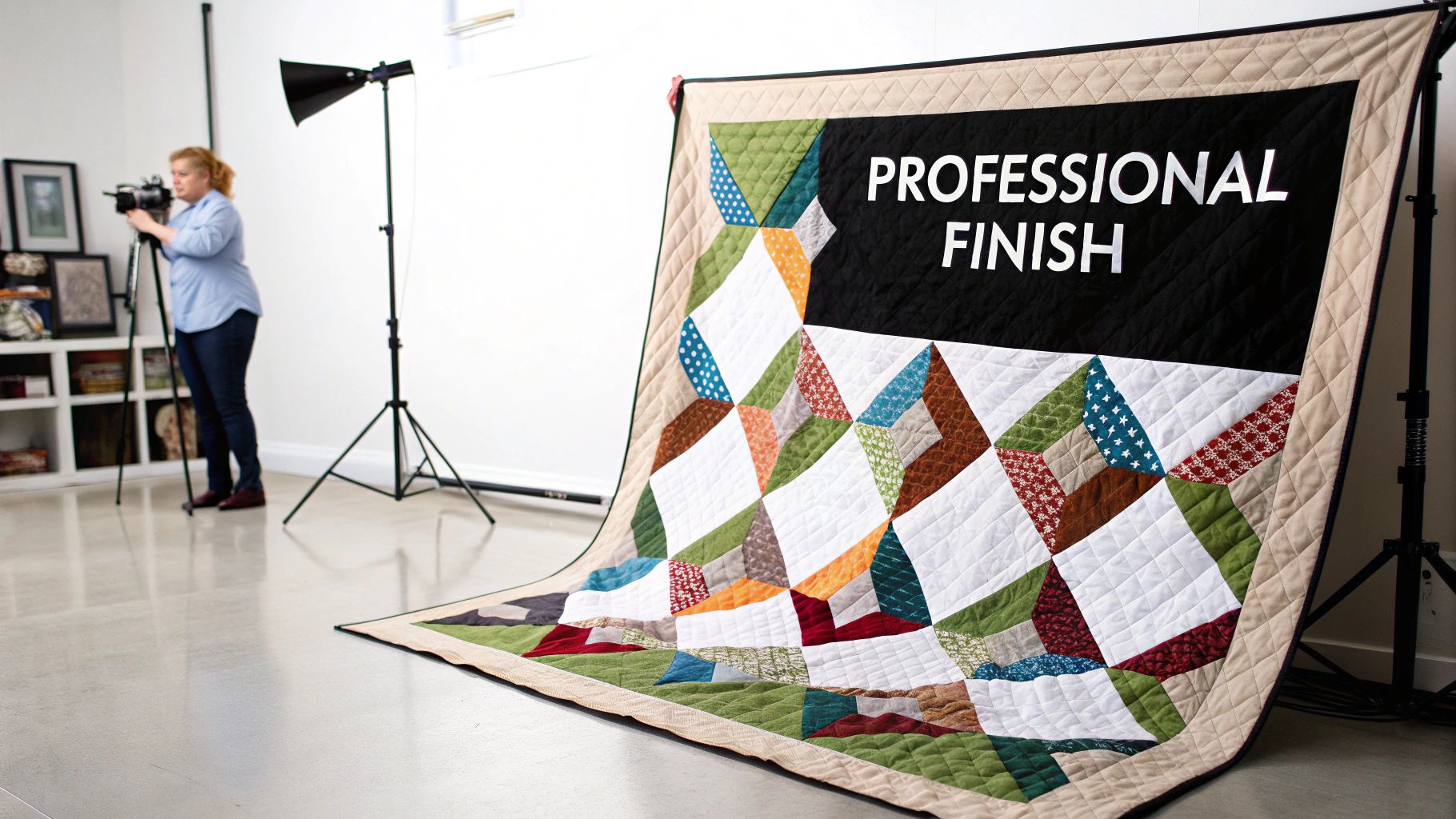 An overhead shot of a beautifully pieced quilt back with various fabric patterns laid out on a wooden floor.