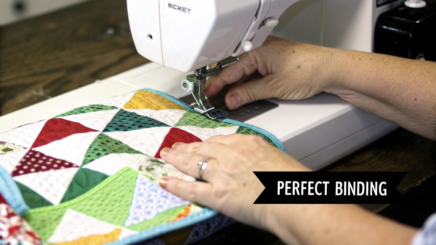 A person's hands guide a colorful patchwork quilt with binding through a sewing machine.