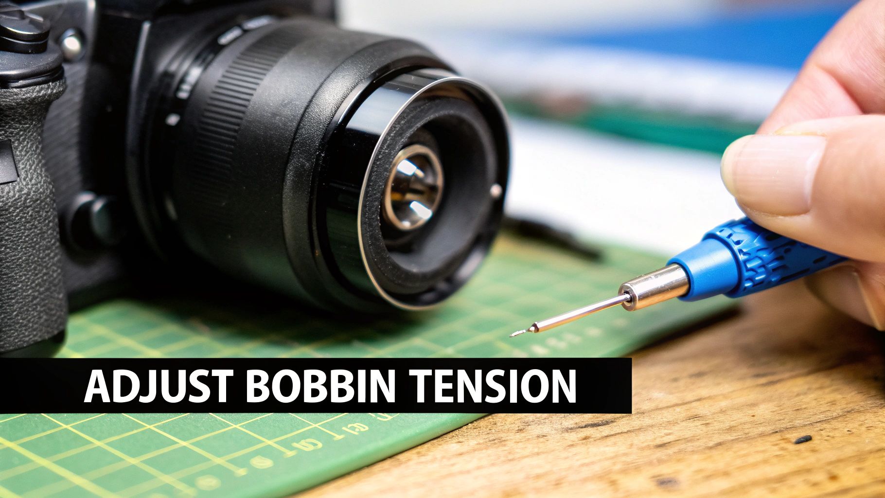 Close-up of a sewing machine bobbin case with a small screwdriver pointing to the tension screw.
