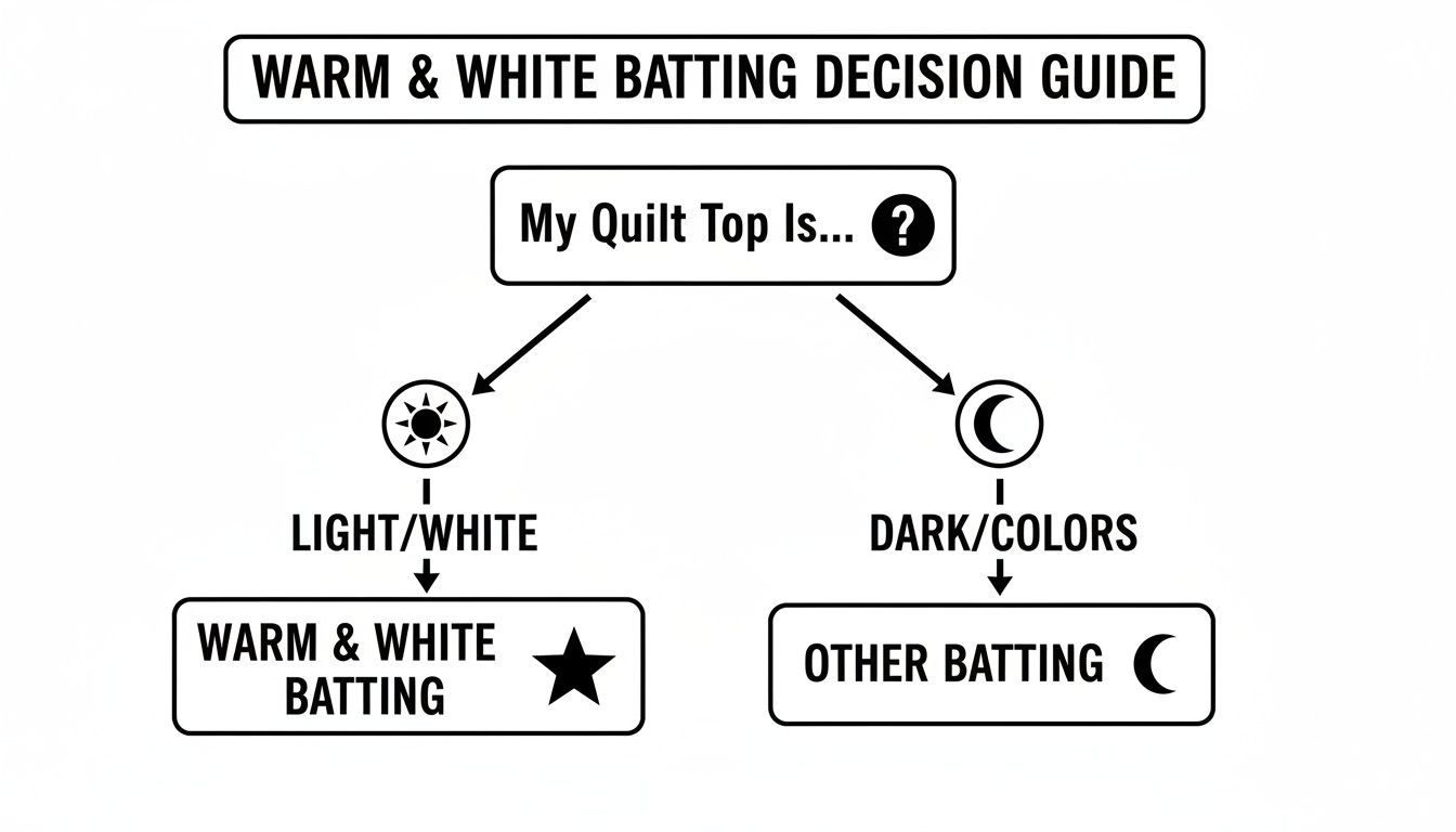Decision guide for Warm & White batting: choose based on light/white or dark/colored quilt tops.