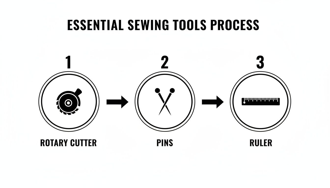 A three-step process diagram illustrating essential sewing tools: rotary cutter, pins, and ruler.