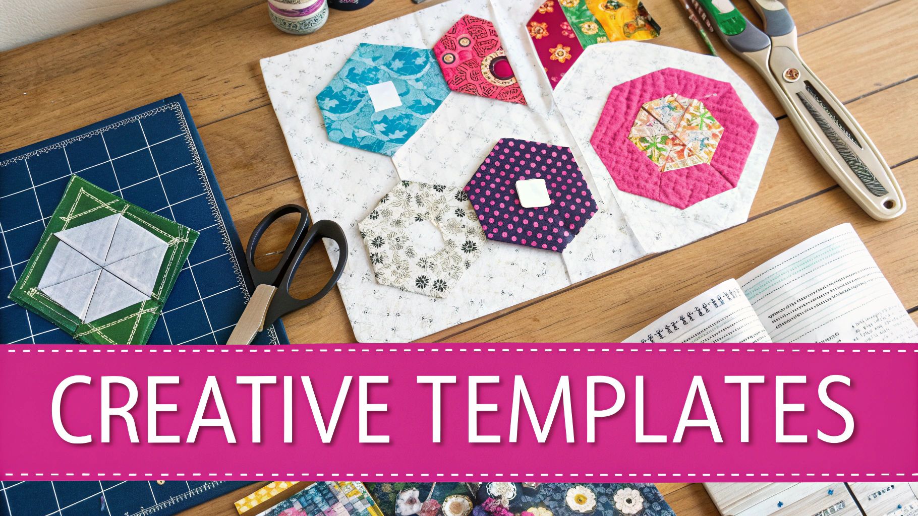 A close-up of a quilter's hands using a specialty curved acrylic template and a rotary cutter on a piece of bright, patterned fabric.