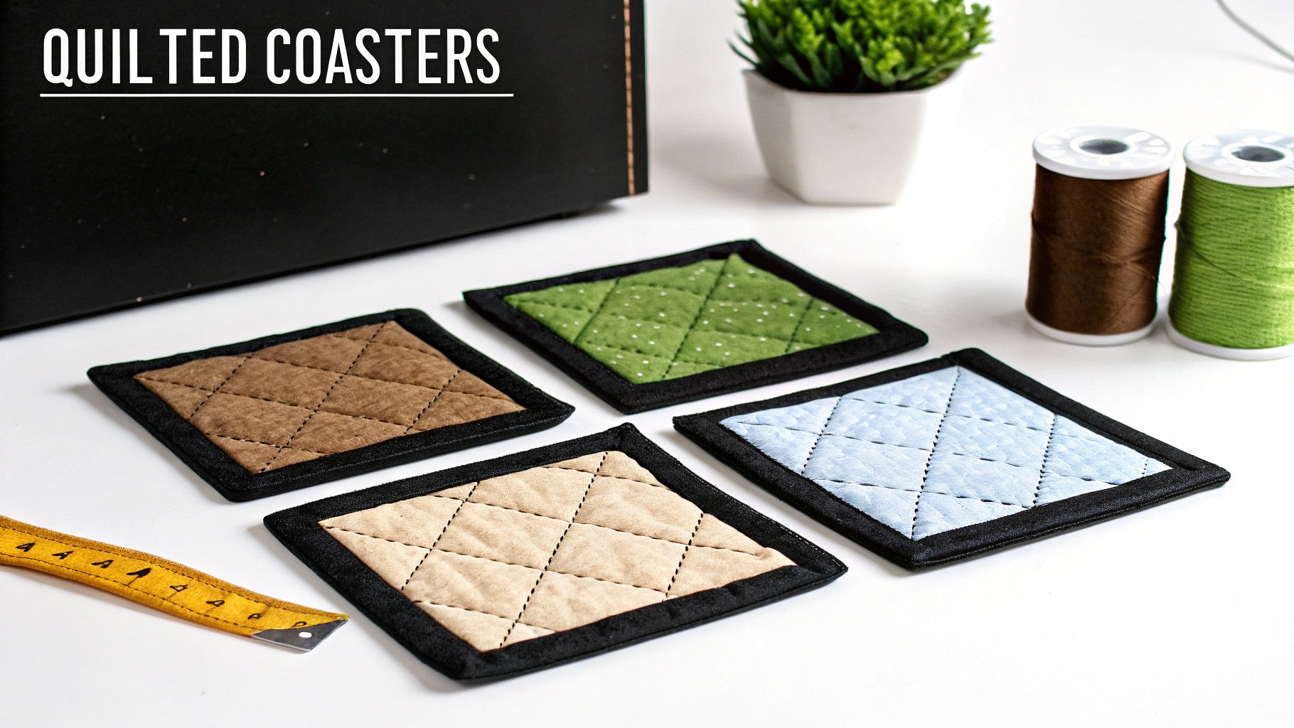 Four square quilted fabric coasters in brown, green, beige, and light blue with black borders, with sewing supplies.