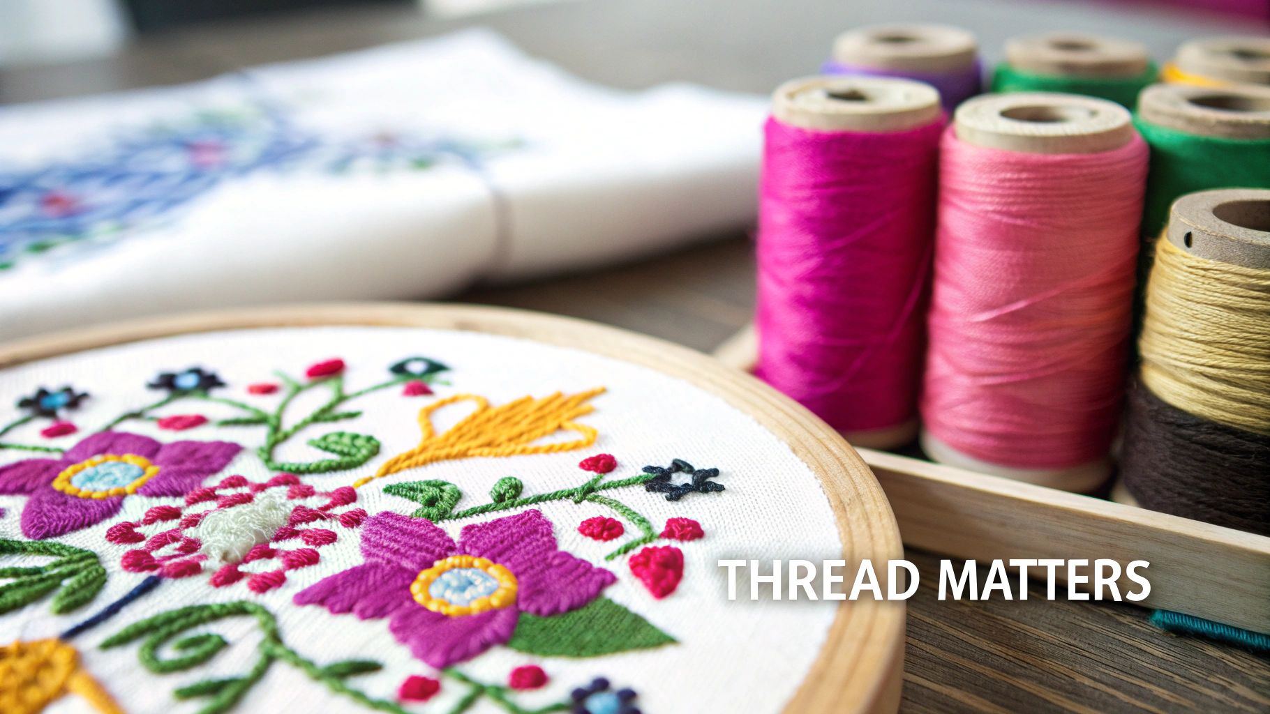 A close-up of a colorful floral embroidery design in a hoop, with spools of thread in the background.