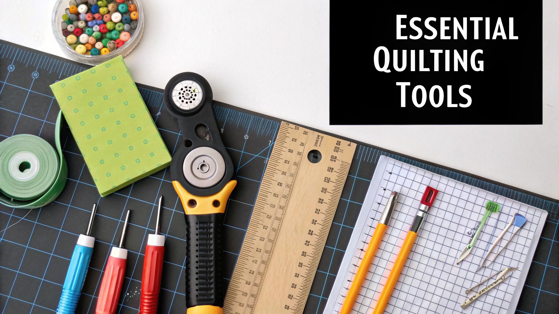 A group of people sitting at tables during a quilting class, focused on their sewing machines.