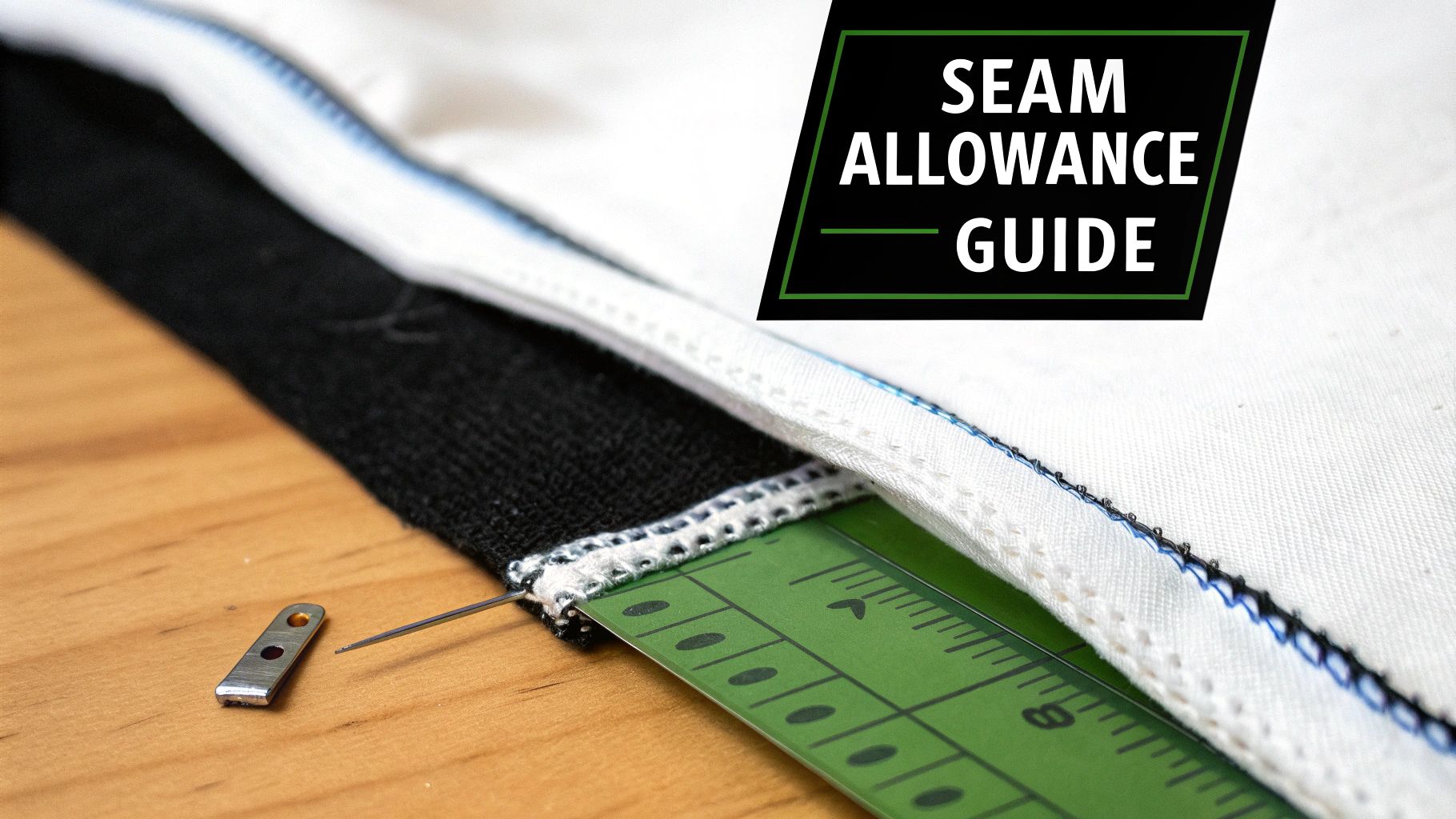 Sewing machine needle stitching fabric with a clear seam allowance visible.