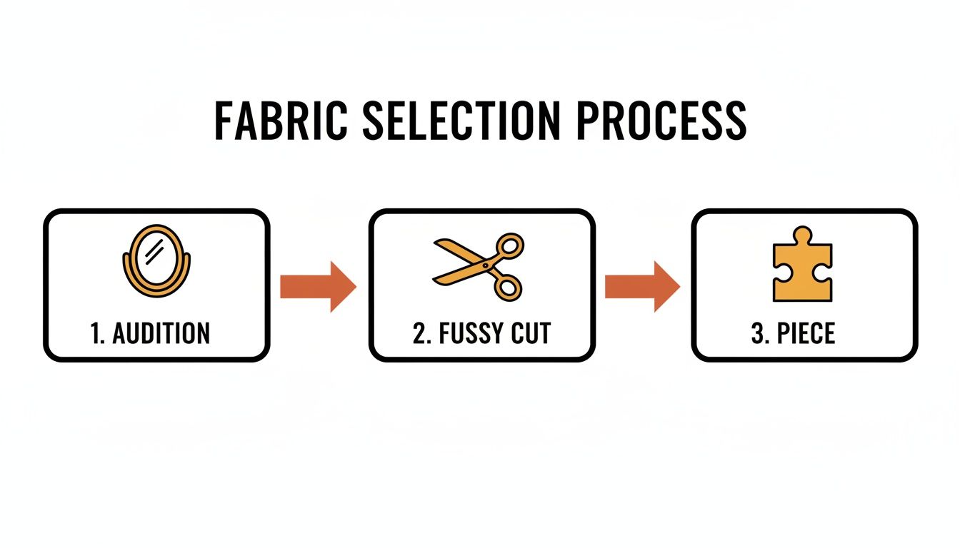 Diagram illustrating a three-step fabric selection process: audition (mirror), fussy cut (scissors), and piece (puzzle).
