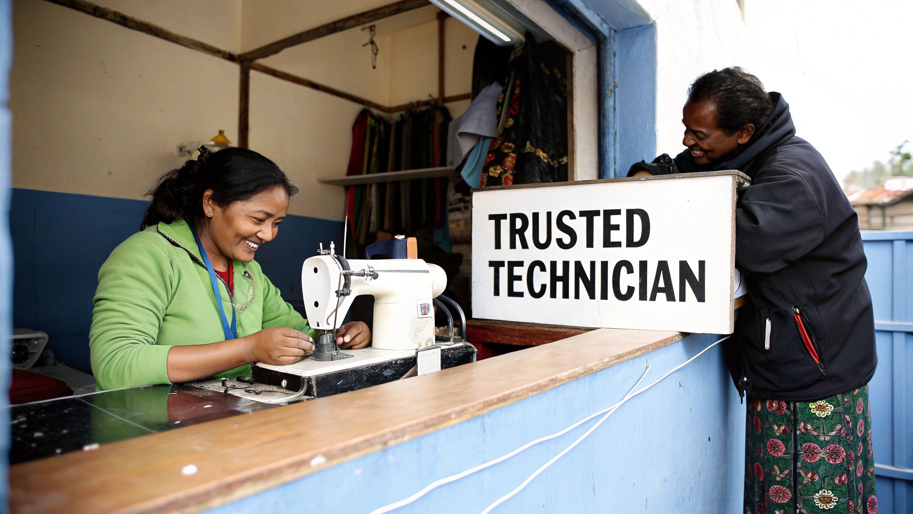 A person repairing a sewing machine