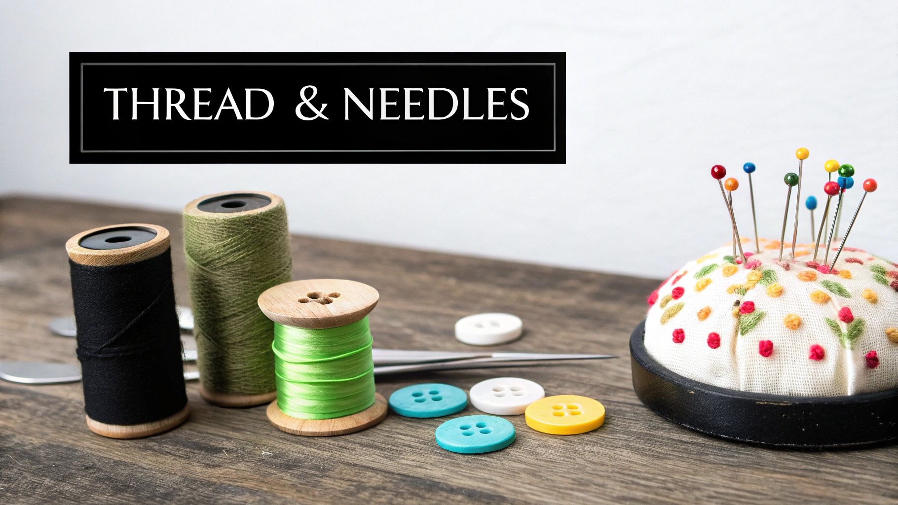 A collection of essential sewing notions like pins, seam rippers, and an iron on a wooden surface.