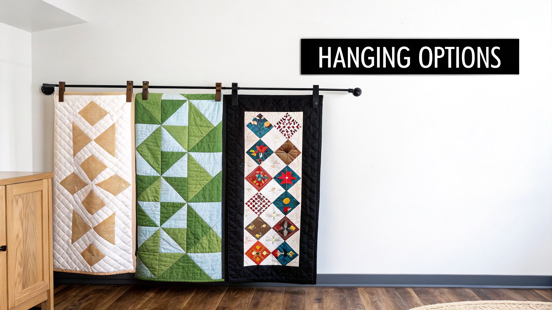Three decorative quilted wall hangings displayed on a black rod with clips against a white wall.