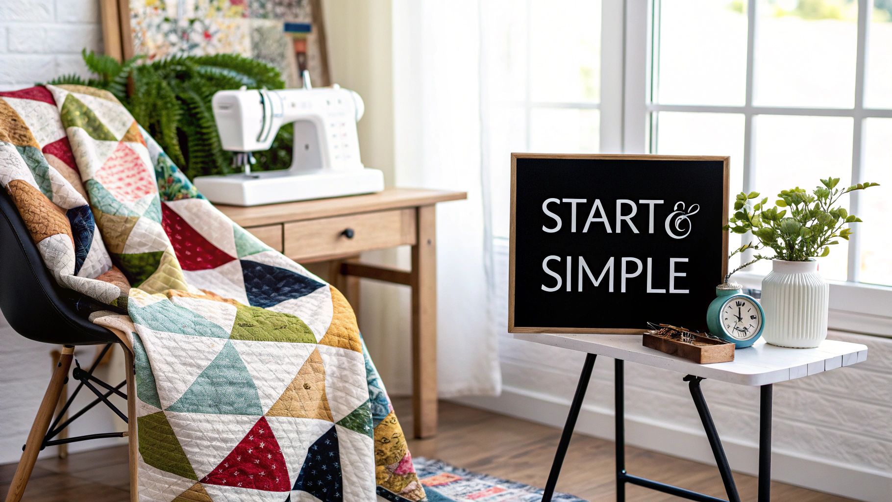 A cozy crafting corner featuring a colorful quilted blanket, a sewing machine, and a 'START & SIMPLE' sign.