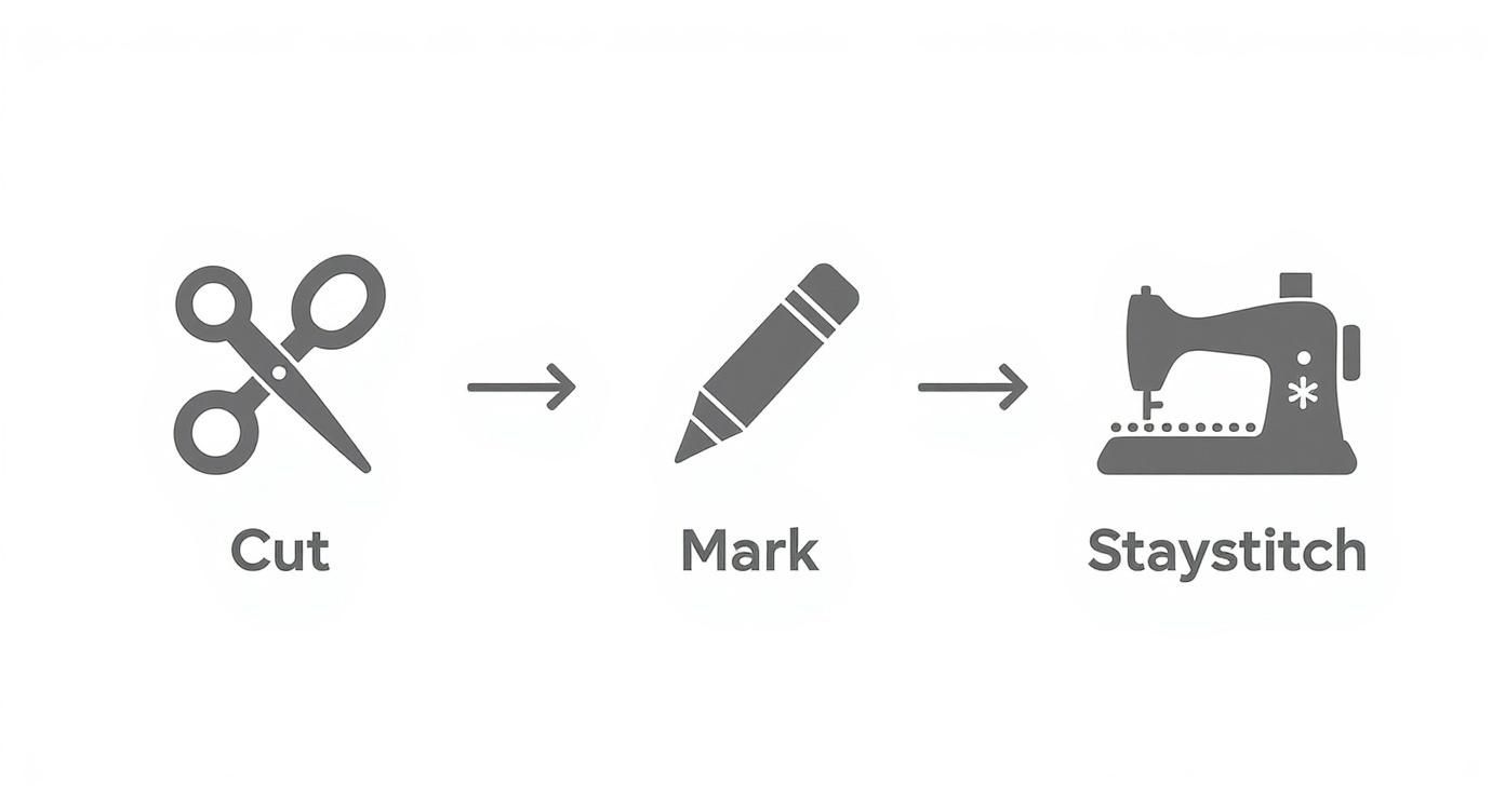 Three step sewing process illustration showing scissors for cutting, pen for marking, and sewing machine for staystitch