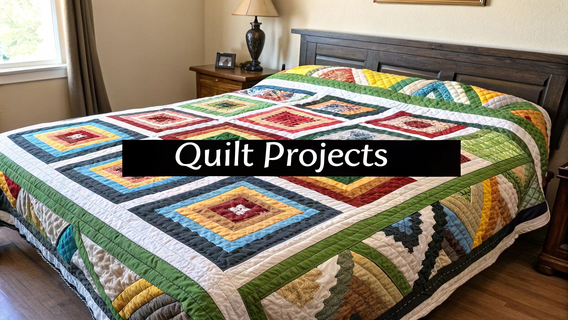 A beautiful quilt made from a jelly roll of fabric draped over a chair.