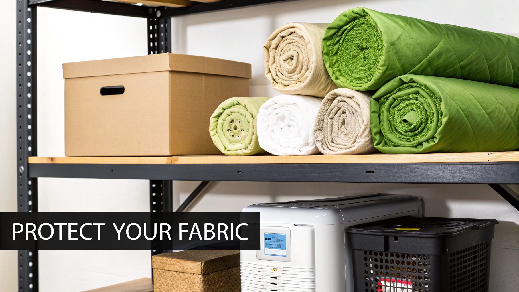 Rolls of green, beige, and white fabric stored on a shelf with a cardboard box and a dehumidifier.