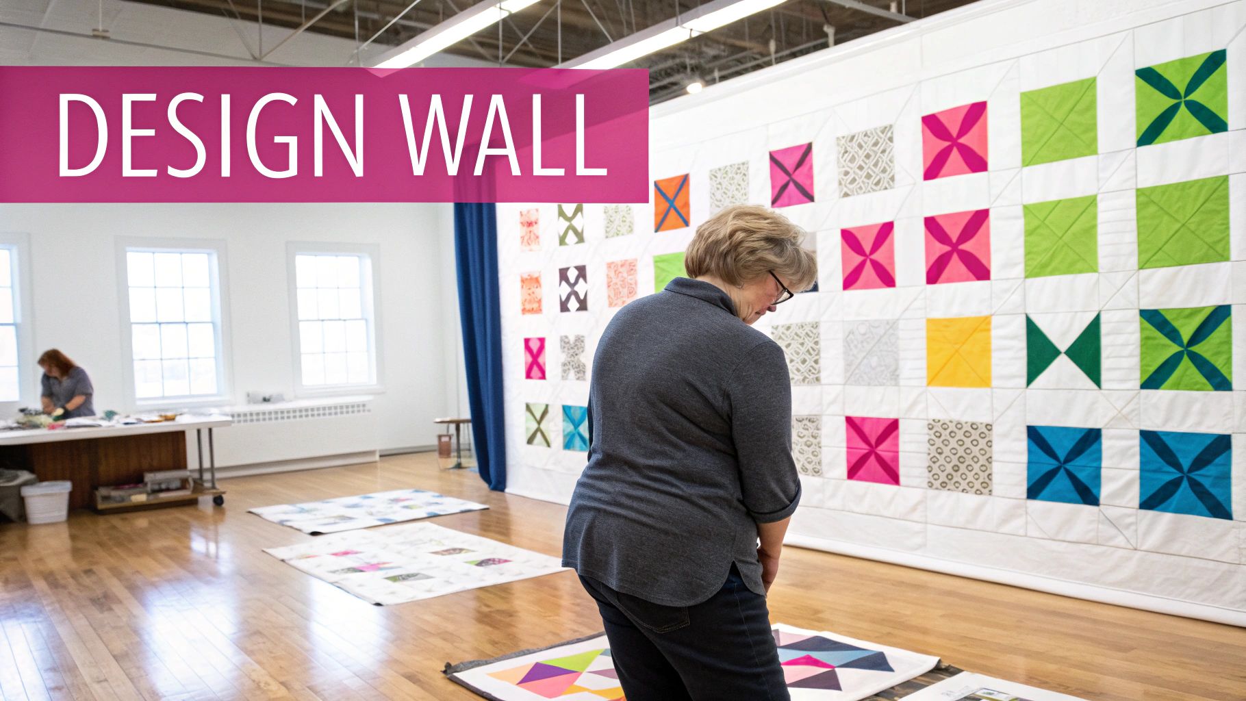 Quilter arranging colorful geometric quilt blocks on design wall in bright studio workspace