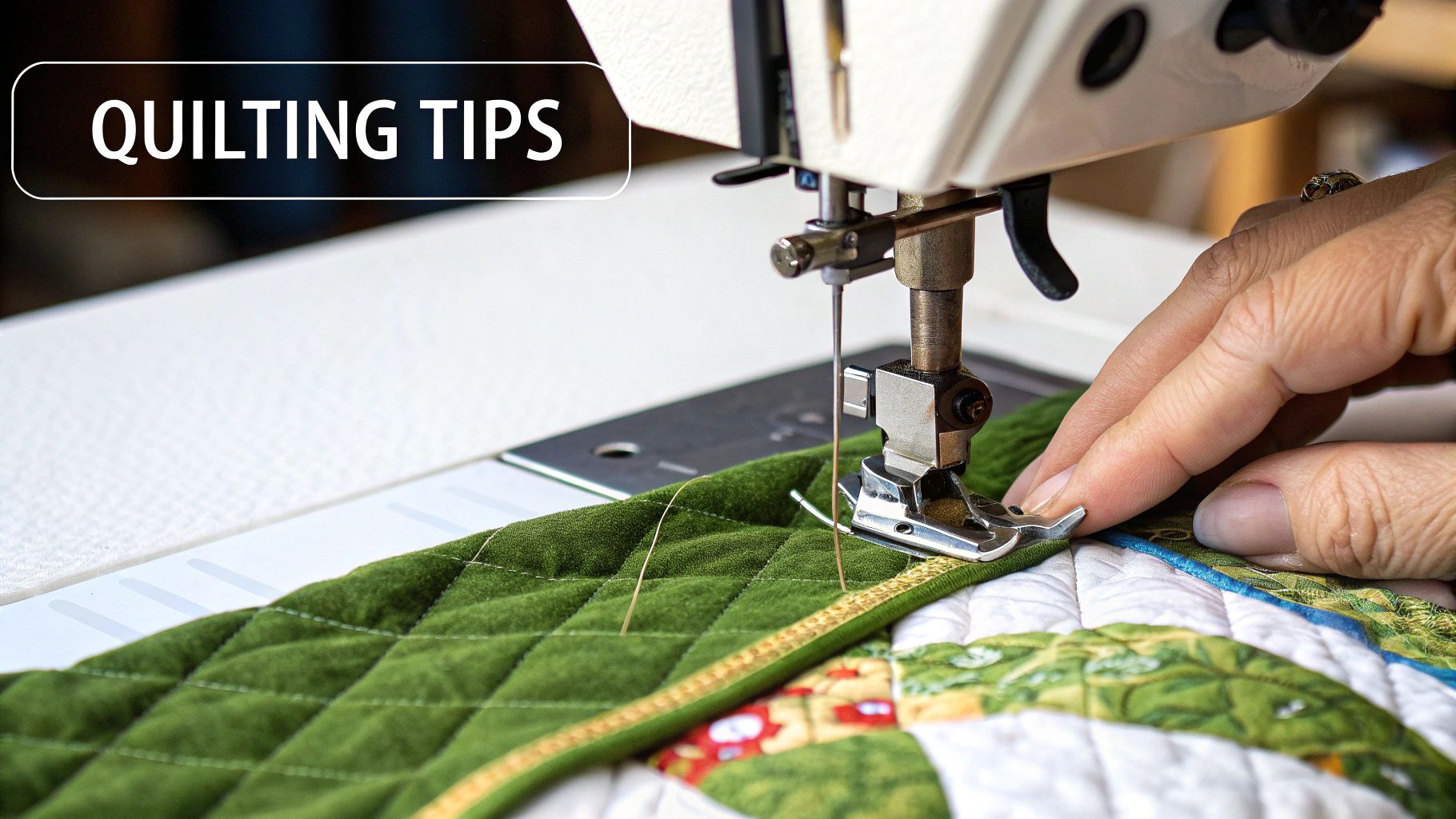 Close-up of hands guiding green fabric through sewing machine while quilting decorative pattern