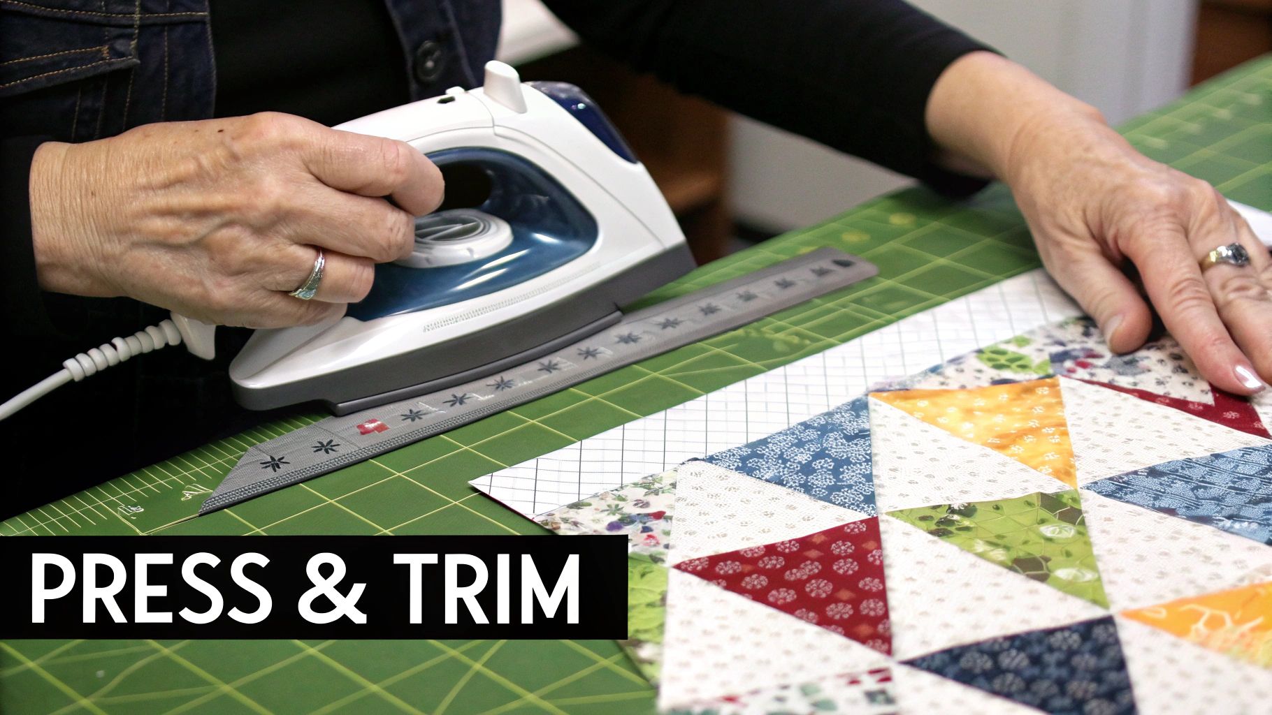A person's hands use an iron and ruler to press and trim a colorful patchwork quilt block.