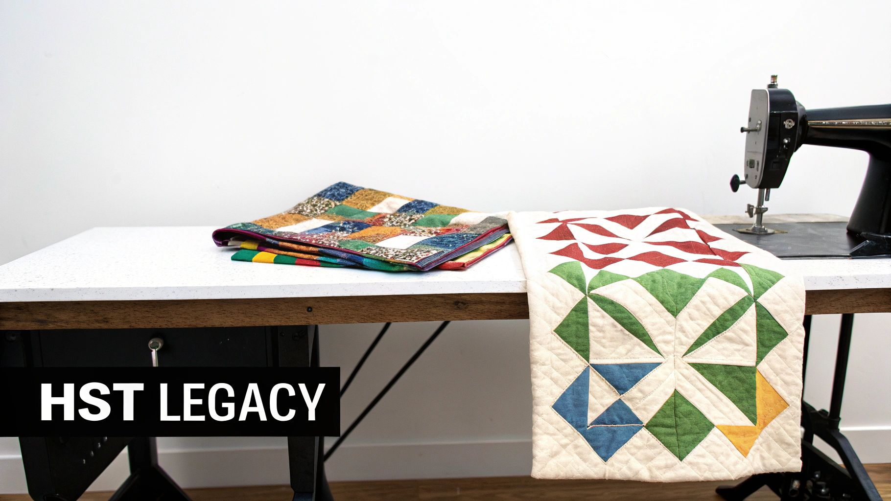 Colorful quilted blankets with half square triangle patterns and a vintage sewing machine on a table.