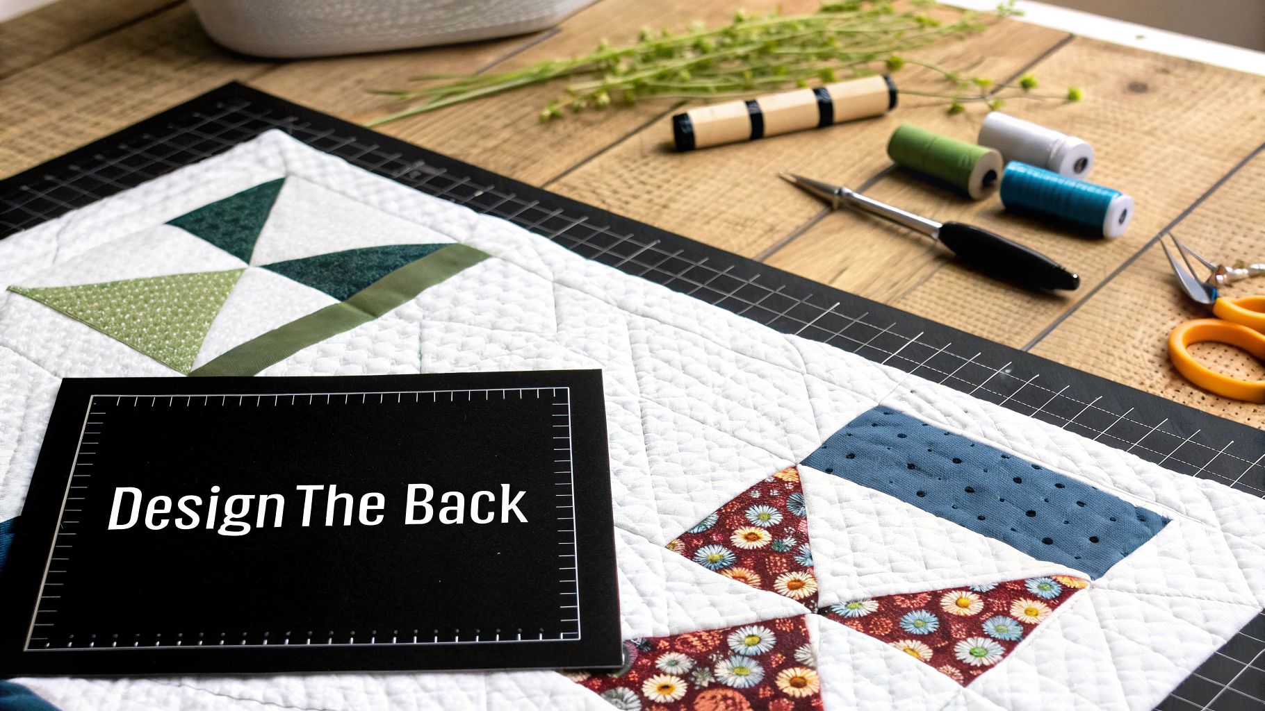 A beautifully pieced quilt back featuring leftover blocks and coordinating fabrics, adding a creative touch to the finished quilt.