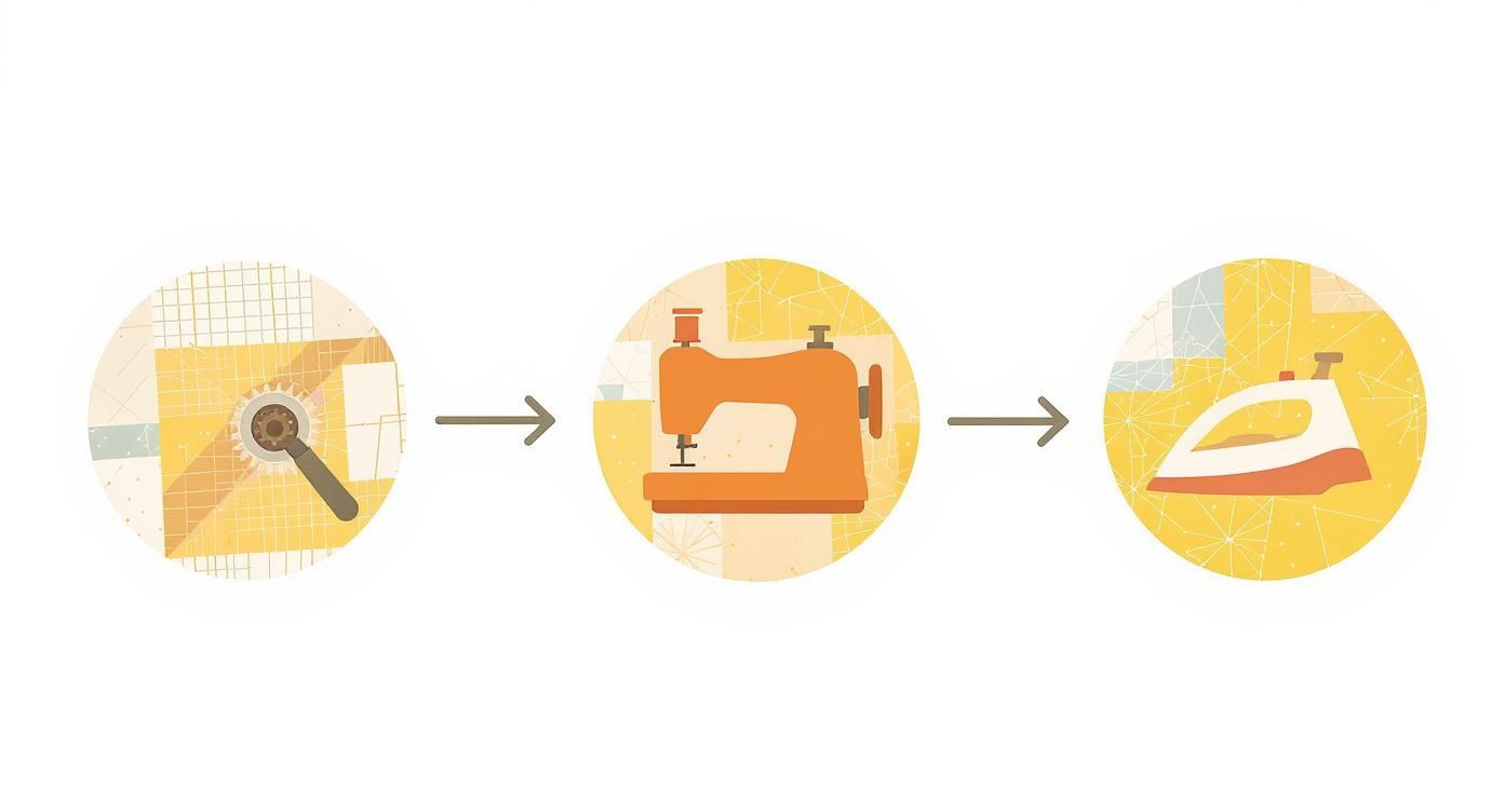 Infographic showing the three core quilting techniques in a horizontal flow: Cutting, Sewing, and Pressing.