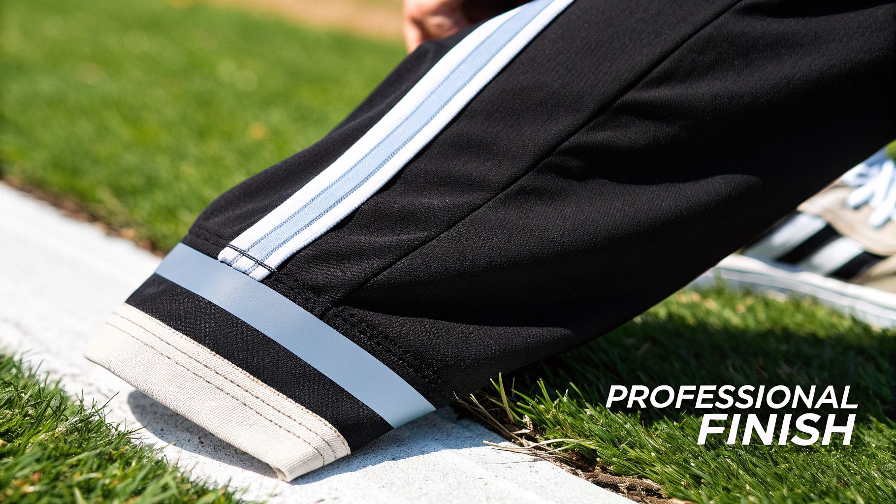 Close-up of black athletic pants with light blue stripes and a beige cuff on a sports field.