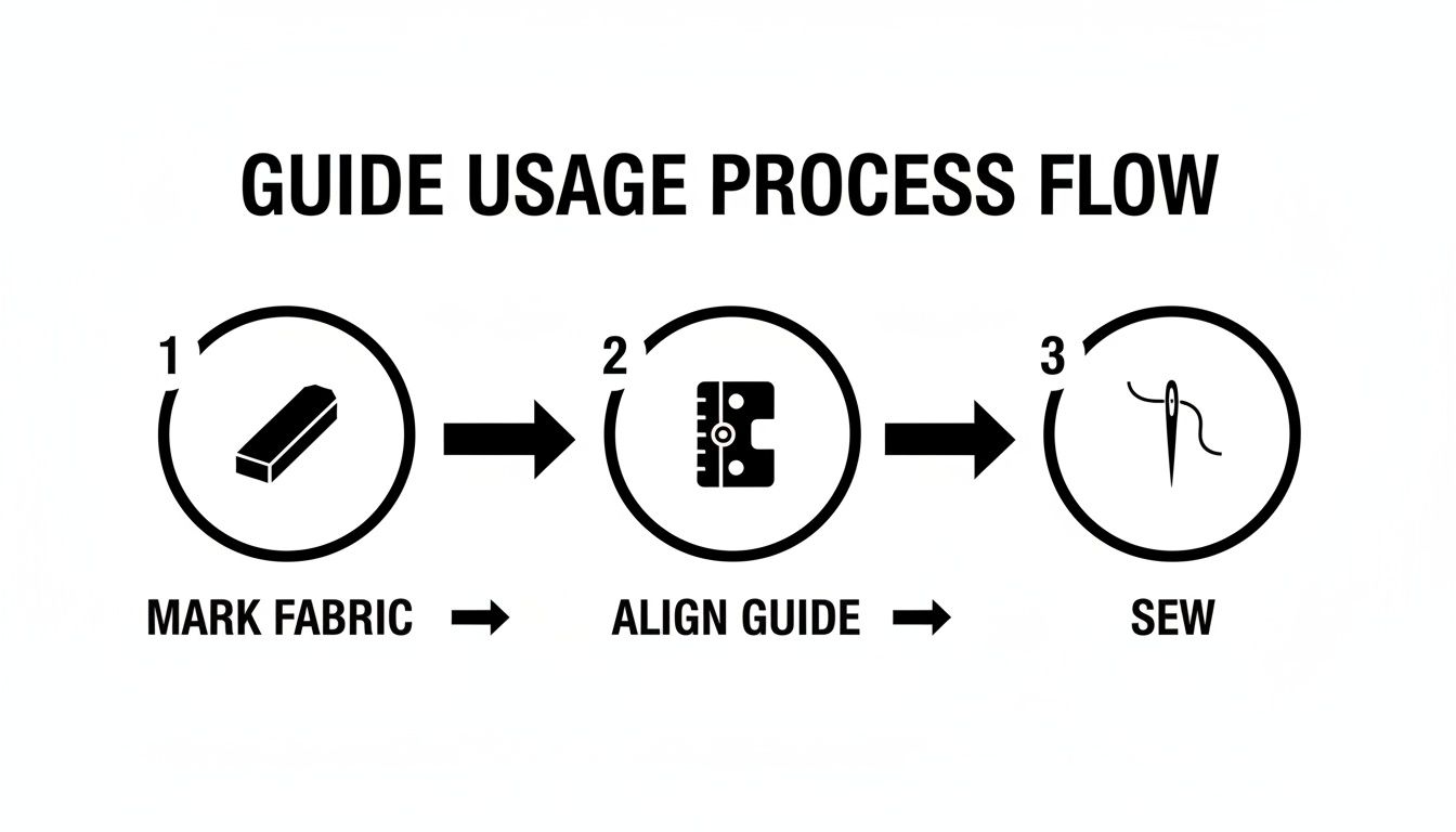 A three-step guide usage process flow for sewing: mark fabric, align guide, and sew.